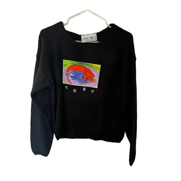 Diane Wat Designs Black Sleeping Cat & Dog Graphic Sweater‎ One Size vintage - Picture 1 of 4